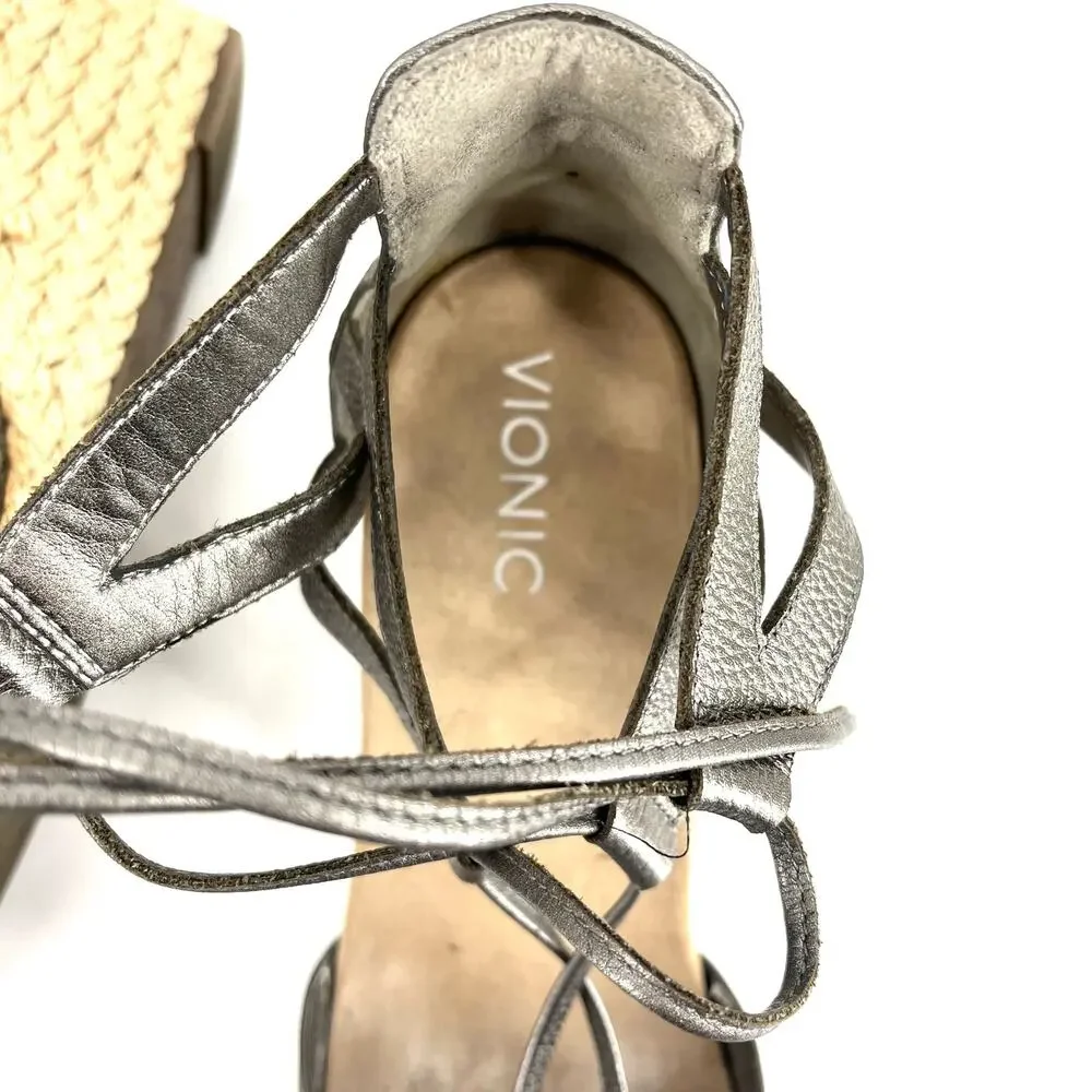 Vionic Metallic Gray Aruba Calypso‎ Espadrille Jute Wedge Sandals - EU42/US10